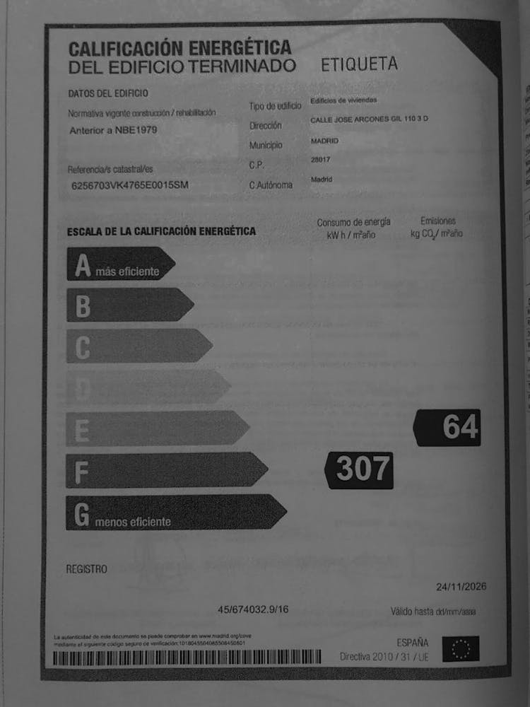 Photo of the energy certificate in a flat for rent